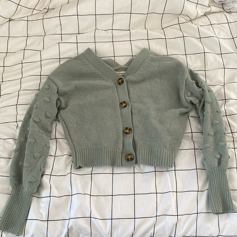 Cropped sea foam green button up knitted sweater